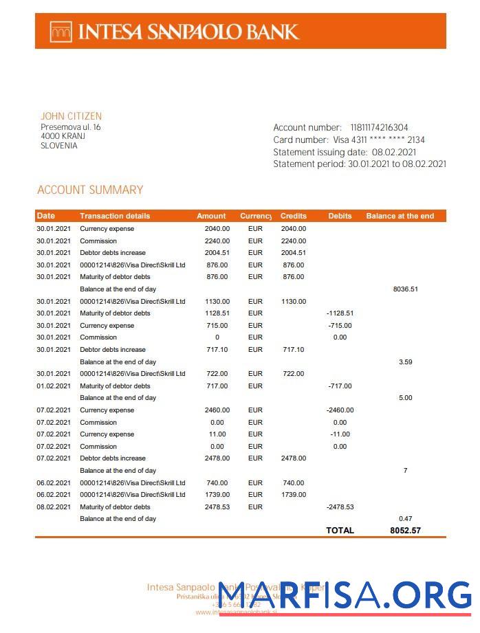 Printable Slovenia Intesa Sanpaolo Bank, Poslovalnica Koper bank statement excel real example
